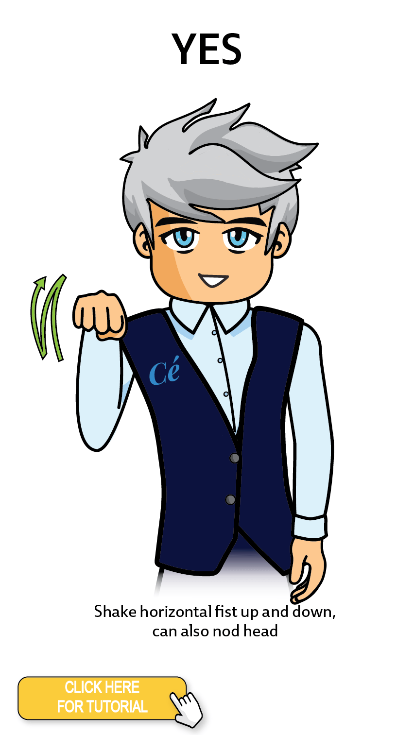 The Cérge character performing sign language for the word Yes. The Keyword Sign instructions is: Shake horizontal fist up and down, can also nod head.